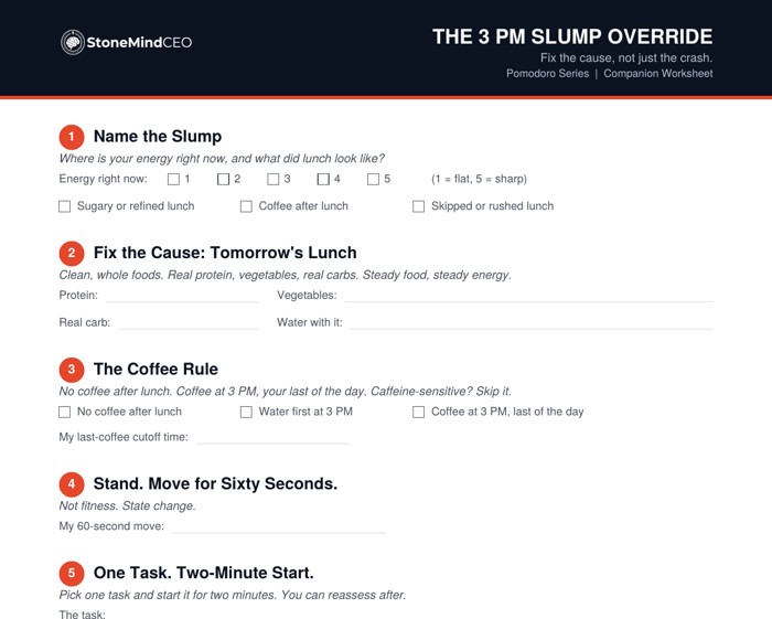 Cover preview of The 3 PM Slump Override Companion Worksheet