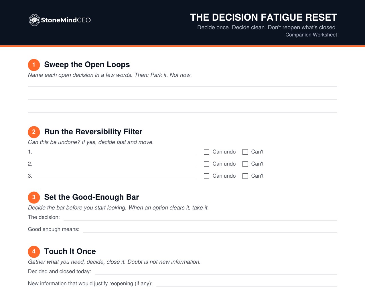 Cover preview of the Decision Fatigue Reset Companion Worksheet